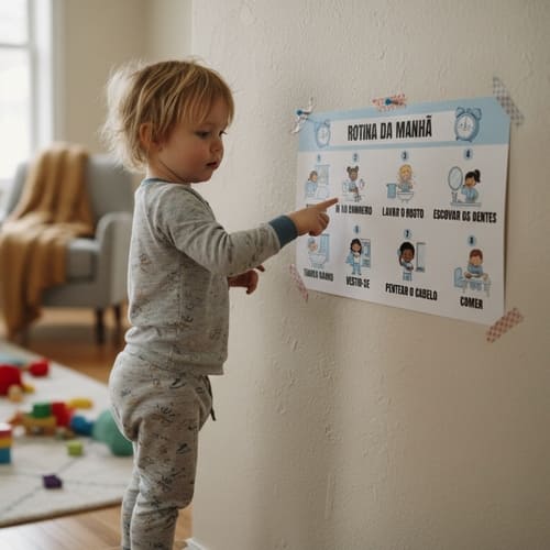 Criança usando o quadro de rotina